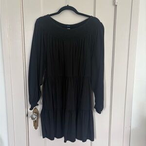 Long Sleeve Tiered Smocked Mini Swing Dress with Pockets Black Size M Old Navy